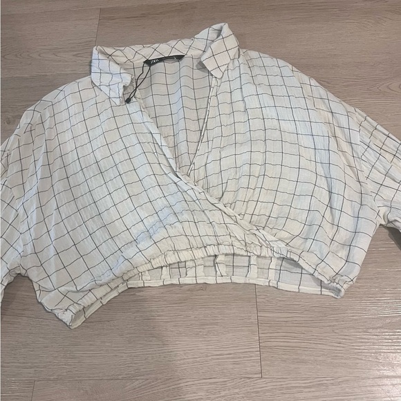 Zara Plaid Cropped Wrap Collar Top Size Large - Picture 11 of 14